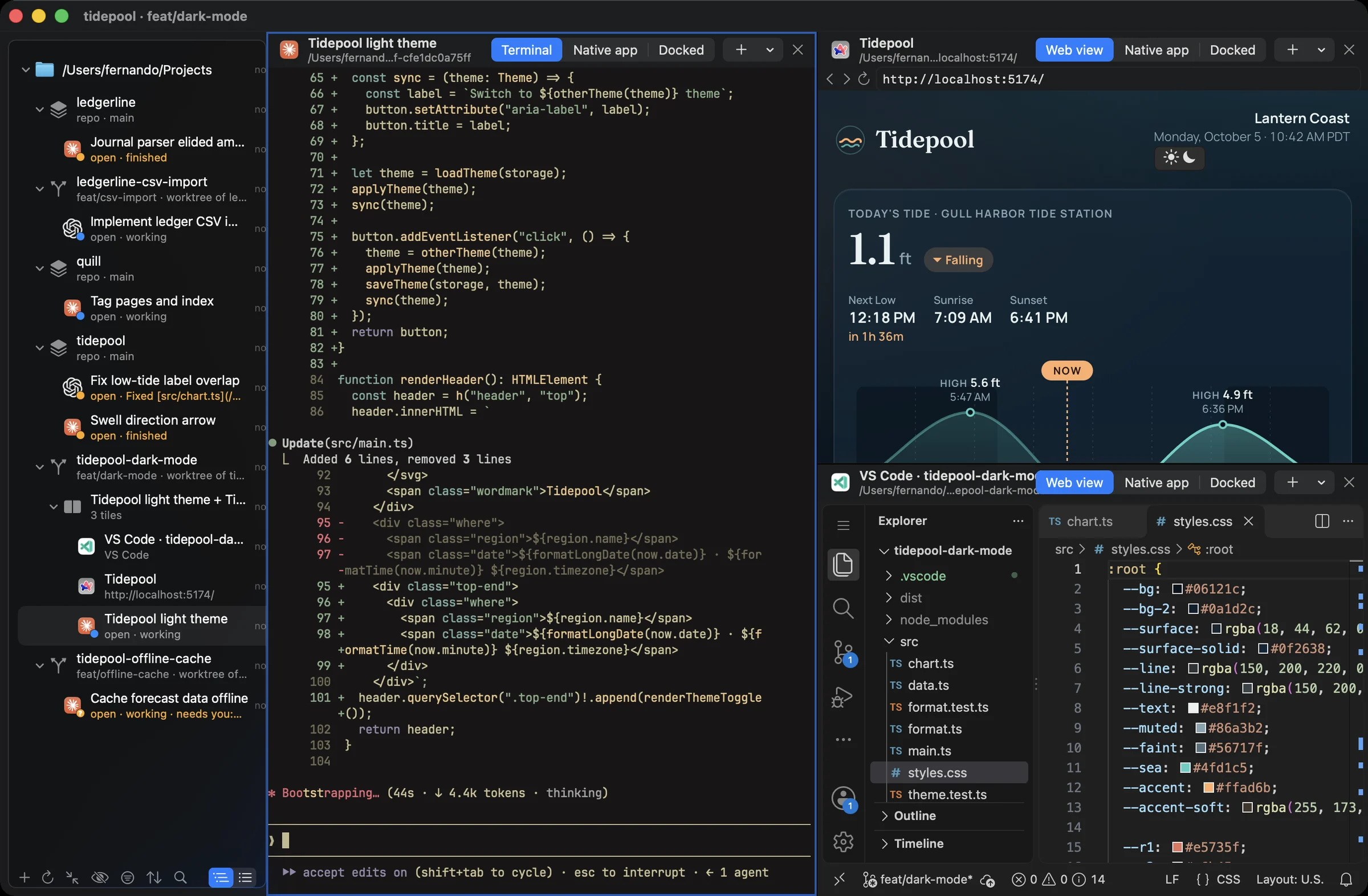 Noaam with a Space tiled: Claude Code adding a light theme to Tidepool, the live app on localhost, and VS Code on the stylesheet. The sidebar shows agents working, finished and waiting across repos and worktrees.