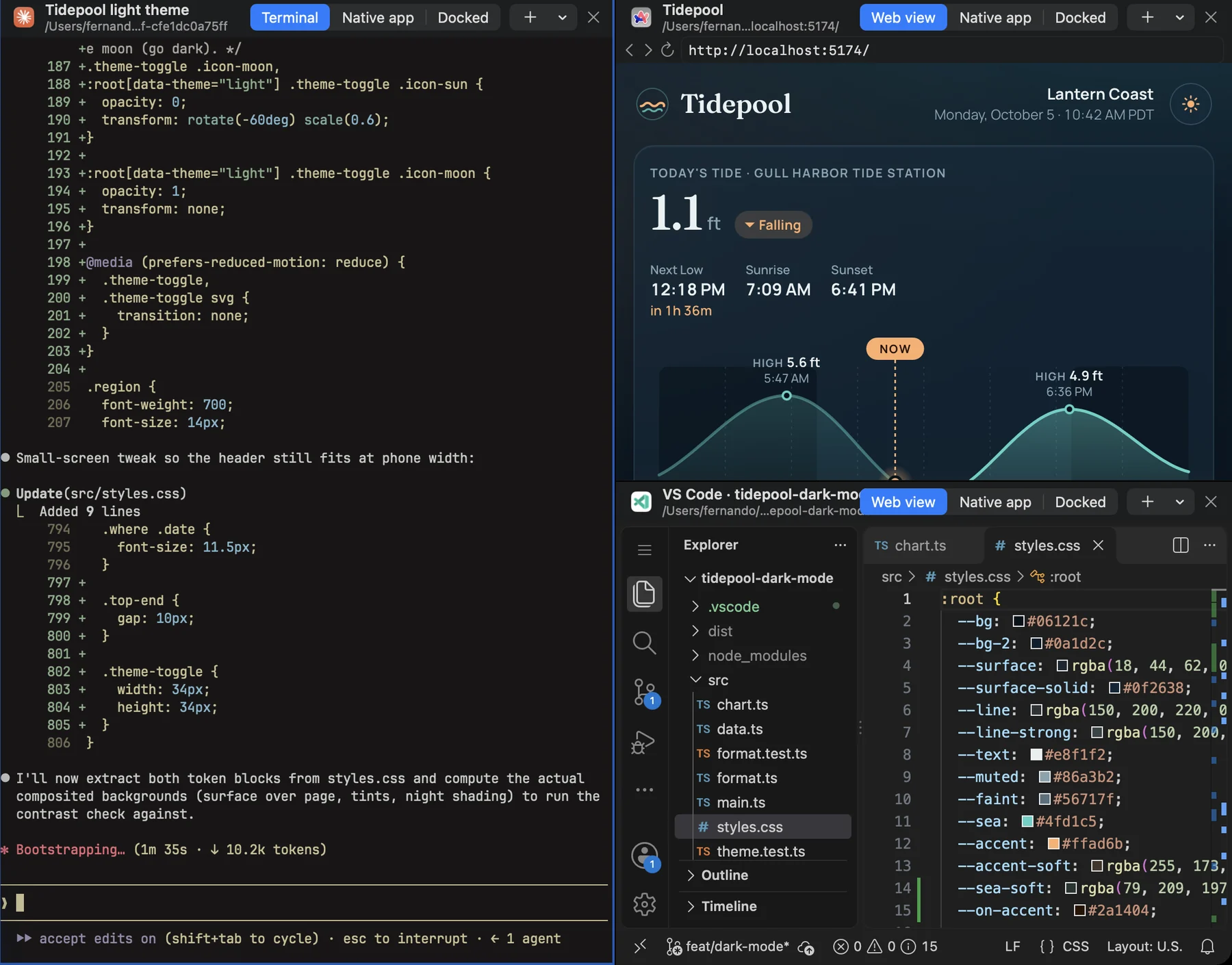 A tiled Space: the agent, the page it is building and the editor, side by side.